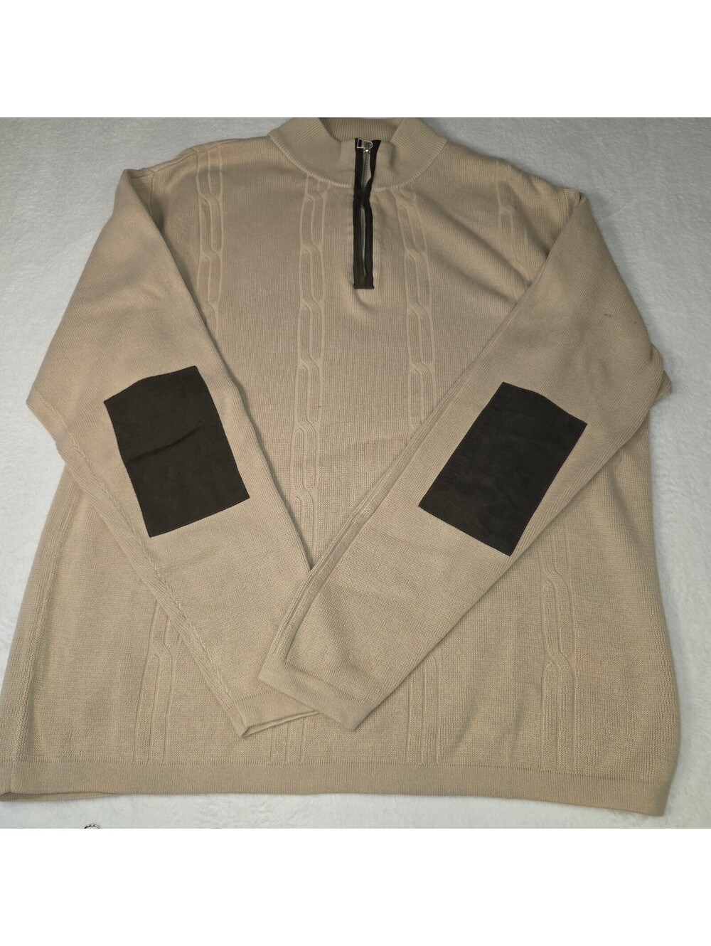Alex Cannon Men's Quarter Zip Cable Knit Sweater Beige with Elbow Patches size L - Picture 2 of 13